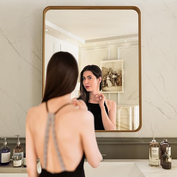 LOAAO 22X30 Inch Bathroom Mirror with Wood Grain Colored Metal Frame | Rounded Rectangle, Anti-Rust, Hangs Horizontally or Vertically