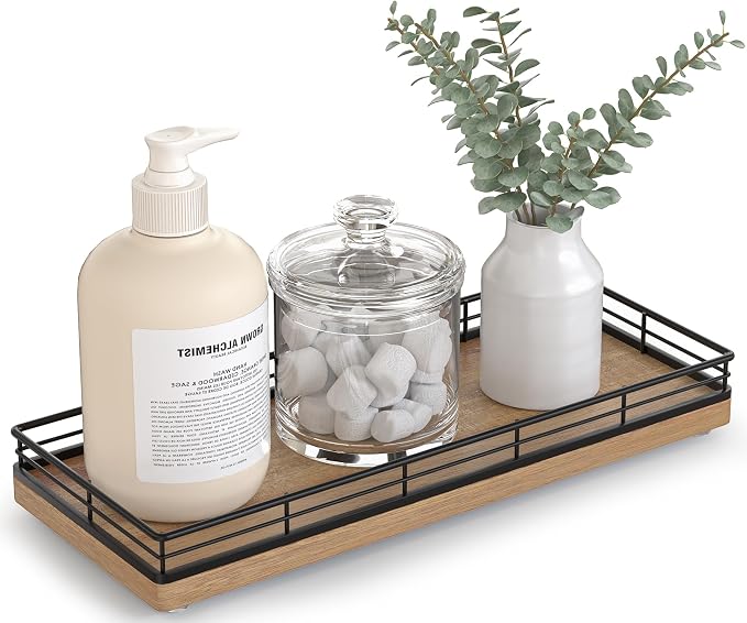 Bathroom Tray for Counter Top Organizer, Acacia Wood Vanity Tray | Metal Frame for Dresser, Kitchen & Nightstand, Black & Acacia Decorative Storage