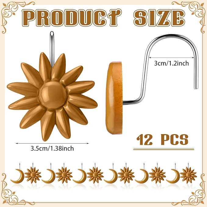 Yaocom 12 Pcs Gold Sun Moon Celestial Shower Curtain Hooks Rustproof | Boho Decorative Shower Hangers Bulk Vintage Glide Curtain Rings for Bathroom Bedroom Living Room Minimalist Decor