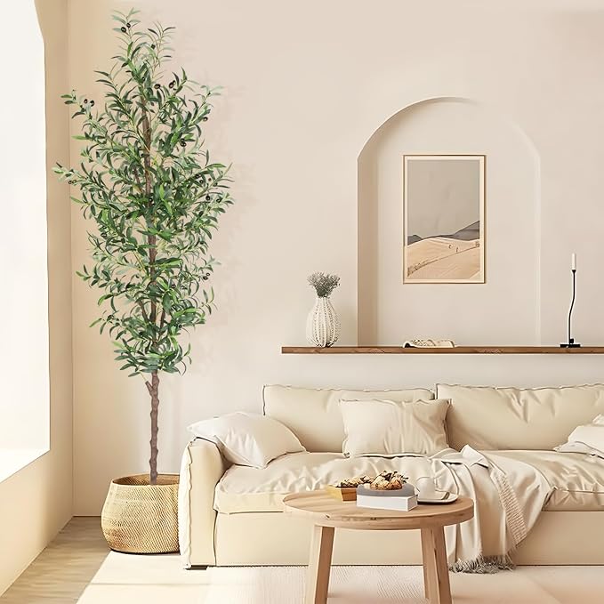 Artificial Olive Tree 8FT Tall Faux Olive Tree Fake Potted Silk Plant | 96in Trunk and Realistic 1574 Leaves and 48 Fruits for Modern Office Home Decor Indoor（1pack）