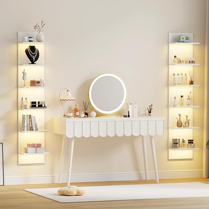 Qupui 6-Tier Wall Shelf with RGB LED, 57" Floating Storage, White | RGB 16 Million Colors, 22 Modes, 6 Brightness. Waterproof Particleboard. Each Tier Holds 10 Lbs. Wall-mounted. For Bedroom