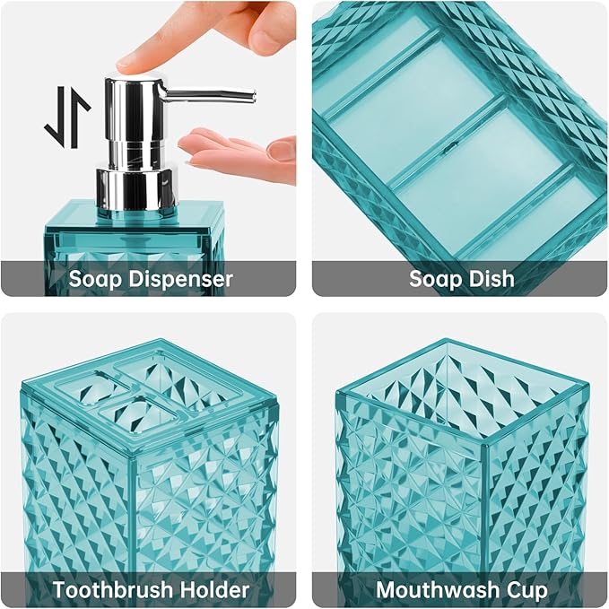Bathroom Accessory Set, Grid Pattern 4 Pcs Plastic Bathroom Set, Teal Blue | Include Soap Dispenser, Soap Dish, Toothbrush Holder, Mouthwash Cup, Modern Bathroom Decor Set
