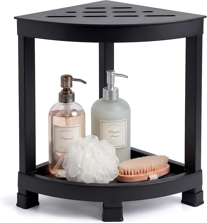 CROWNFURN Shower Foot Rest, HIPS Waterproof Shower Stool for Inside Shower, Corner Shower Bench for Shaving Legs with Baffle Storage Shelf for Small Space, Rapid Assembly DIY Combination Shelf (Black)