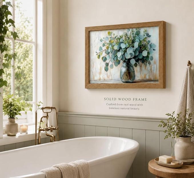 Wood Framed Rustic Eucalyptus Wall Art Sage Green in Glass Plants Vase Canvas Painting Picture Wall Decor Farmhouse Neutral Poster Print Artwork for Living Room, Bedroom, Bathroom Home Decoration