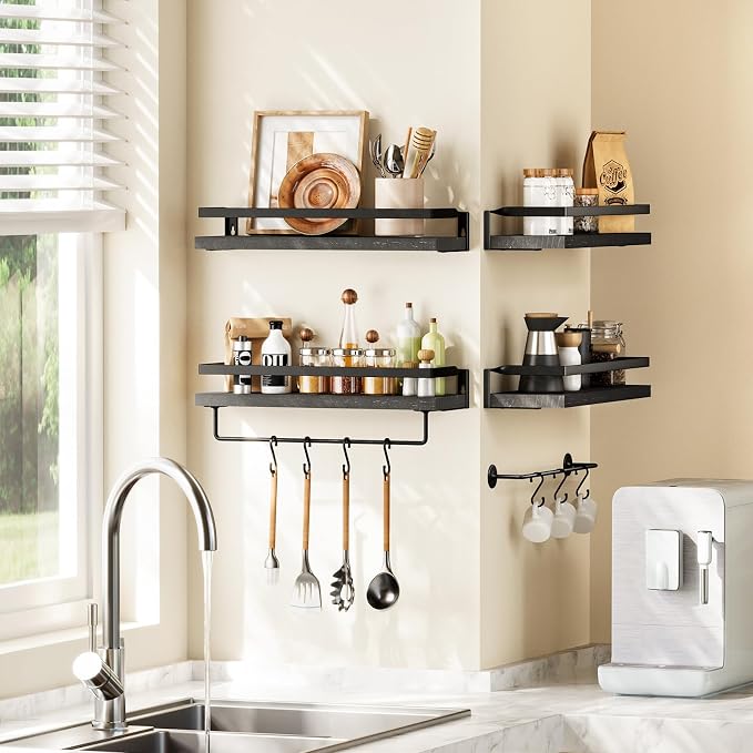 Amada Bathroom Shelves with Towel Bar, Set of 2, Black | Floating Shelves with Detachable Towel Bar, Protective Metal Guards, Paulownia Wood, Bathroom, Living Room & Kitchen Storage