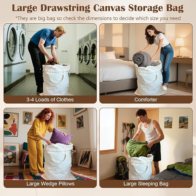 Cotton Canvas Laundry Bag 33"Wx 35"H, Extra Large Heavy Duty, XL cottonGrey | Thick Canvas Fabric, with Handles & Drawstring Closure, Washable Basket Liner Replacement, Home Storage Sack, 1Pack