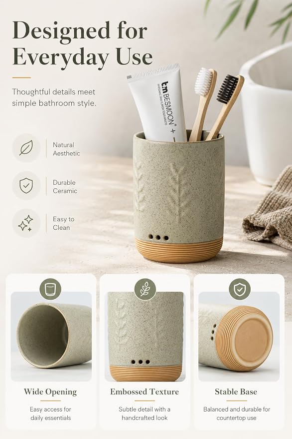 LYEOBOH Toothbrush Cup, Toothbrush Holder, Toothbrush Holder for Bathroom | Ceramic Single Toothbrush Holder, Tooth Brush Organizer with Drainage, Multi-use Toothbrush Storage for Family & Kids, Green