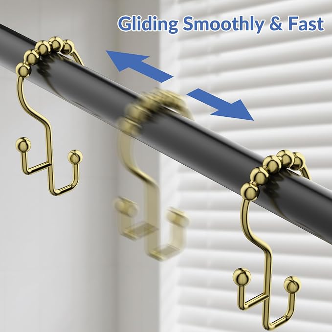 Shower Curtain Hooks, Metal Shower Curtain Rings Hooks, Gold Shower Curtain Hooks Rust Proof, Smooth Gliding Shower Rings for Curtain, Shower Hooks for Shower Curtain Rod, Gold-12 Pcs