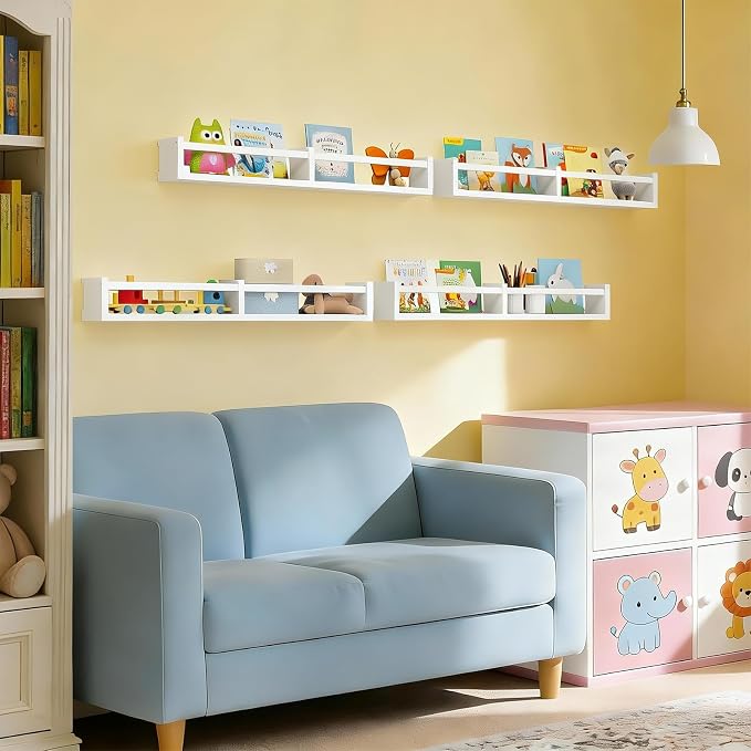 Fixwal Floating Nursery Book Shelves for Wall, 32in, Set of 4, White | Solid wood shelves store kids' books, toys and clothing. Fits kids' room, playroom, nursery, living room, bedroom & bathroom.
