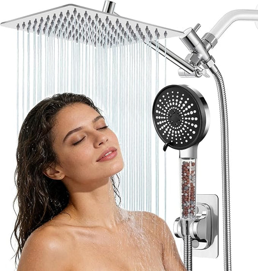 Filtered Shower Head,8 Inch Rain Shower Head with Handheld Spray Combo, Adjustable High Pressure Rainfall Shower Head, Dual Showerhead Set with Extension Arm and 60 Inch Long Shower Hose