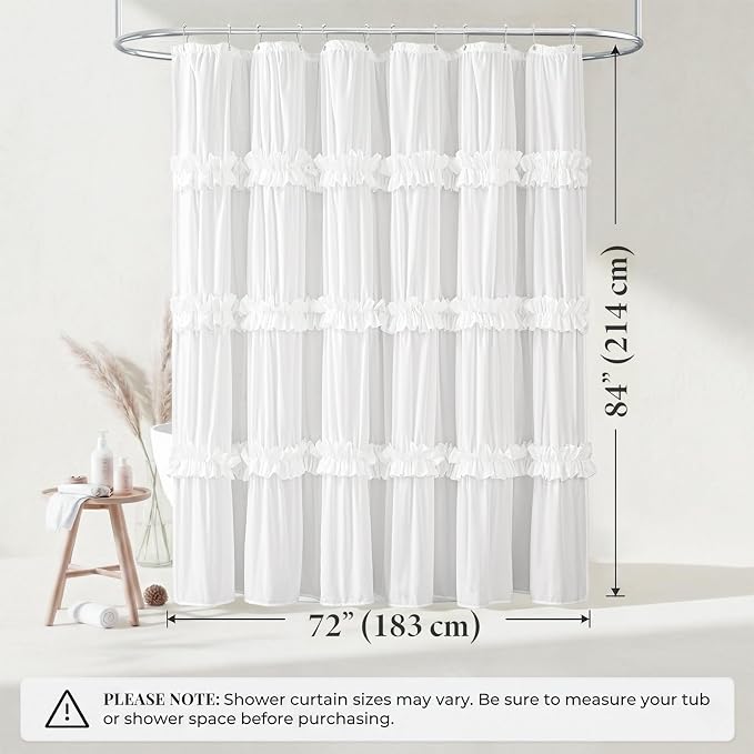 LIPA Extra Long Boho Shower Curtain Rustic Ruffle Shower Curtain with Ruched & Bow Vintage Farmhouse Shower Curtains for Bathroom Bohemian Bathroom Decor(White,72x84 Inches)