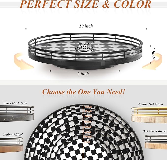 AMH 10-Inch Black and White Checkerboard Lazy Susan with Oak Base | Smooth rotating oak tray with walnut finish for dining tables, kitchen counters, pantries and cabinet storage.
