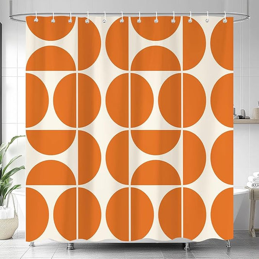 Orange Mid Century Modern Shower Curtain, Boho Abstract Geometric Retro Art Bath Curtains For Bathroom, Colorful Unique Pattern Waterproof Polyester Fabric Bathroom Accessories Set 12 Hooks 72X84IN