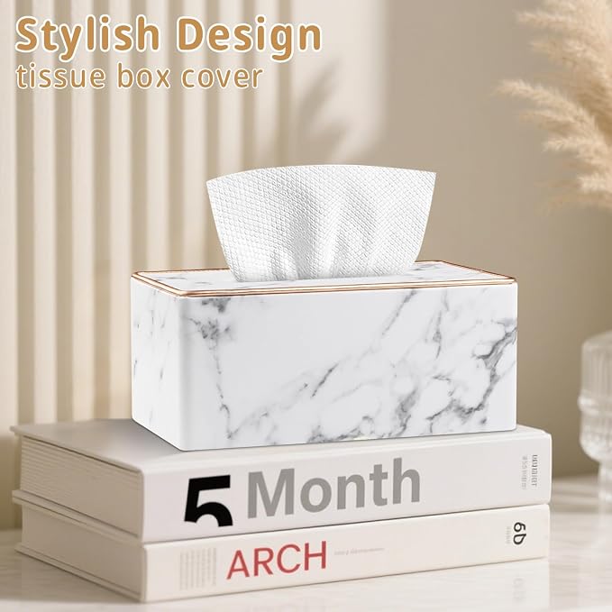 PU Leather Tissue Box Cover Rectangle,Marble Facial Tissues Cube Box Holder | Modern Facial Paper Napkin Dispenser Organizer Rectangular for Bathroom Vanity,NightStand,Coffee Table,Hotel,Car,Home Decor
