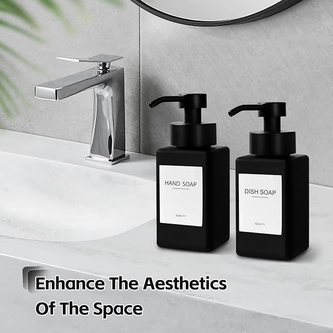 Black Foaming Hand Soap Dispenser, 12oz/350ml Glass Square Foam Soap Dispenser Set, 2Pcs Foaming Soap Dispenser with Foaming Pump, Refillable Soap Foam Dispenser for Bathroom, Kitchen