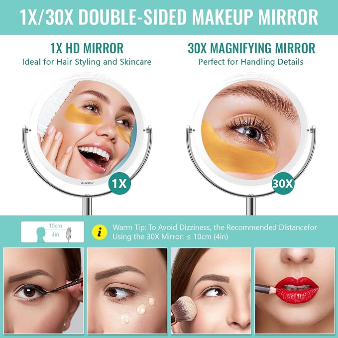 Auxmir 1X/30X Double-Sided Makeup Mirror, 6.7" Magnifying Mirror | 360°rotation, tweezers, vanity desk table stand travel, stainless steel and ABS construction, 30X magnification