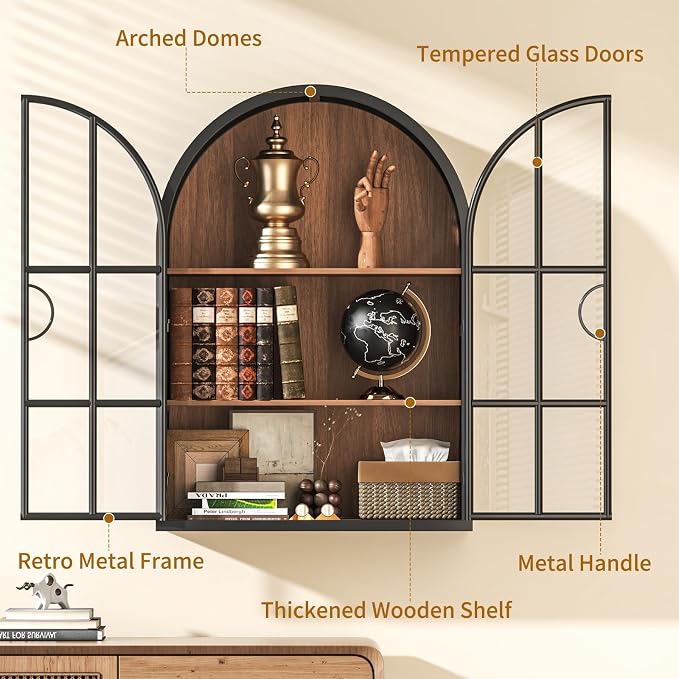 Arched Wall Cabinet with Glass Door, NO Assembly, Metal Wooden | Metal Frame, 12MM Wooden Shelves, Handcrafted Arched Design, 40-lb per Tier, 5MM Tempered Glass, for Bathroom Wall Medicine