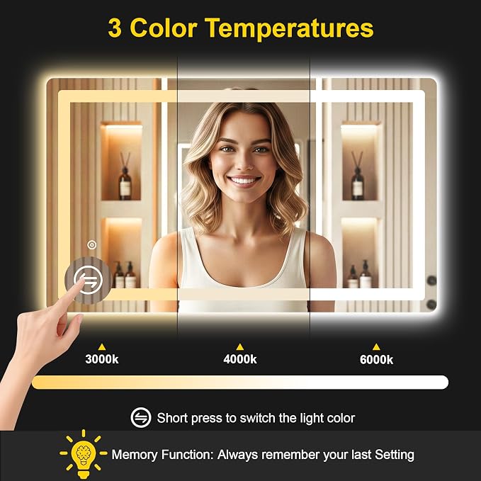LED Bathroom Mirror with Lights, 24"x40" Lighted Vanity Mirror for Wall | Anti-Fog, Dimmable 3 Color Light, Backlit+Frontlit, Shatterproof Tempered Glass, Memory Function