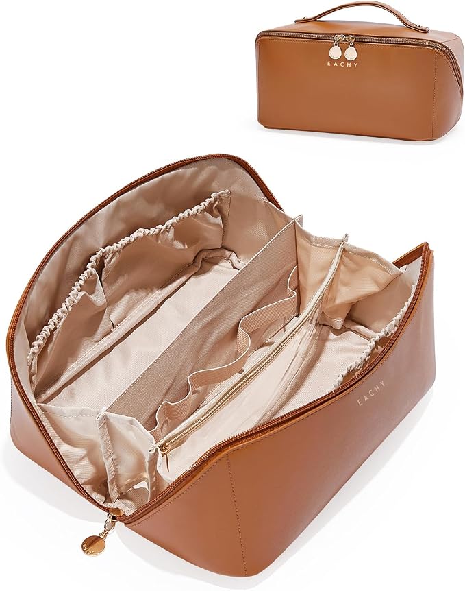 EACHY Travel Makeup Bag for Women, PU Leather Cosmetic Bag, Brown, Large | Water-resistant PU leather exterior with flat-open access, clear TPU brush compartment and organized storage for cosmetics