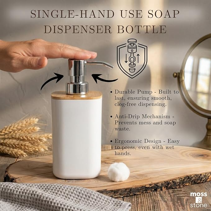 Moss & Stone 6-Pcs White & Bamboo Bathroom Accessories Set, Soap Dispenser | Modern Plastic Bathroom Set with Toothbrush Holder, Soap Dish, Cup & Trash Can for Countertop Organization and Bathroom Decor
