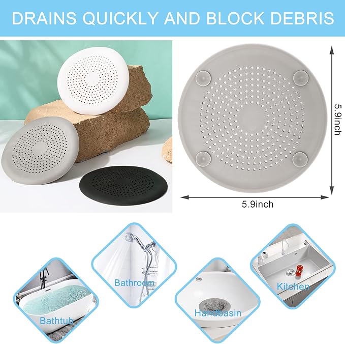 Drain Hair Catcher Durable Silicone Hair Stopper Shower Drain Covers Easy to Install and Clean Suit for Bathroom Bathtub and Kitchen (New Grey 4Pack)