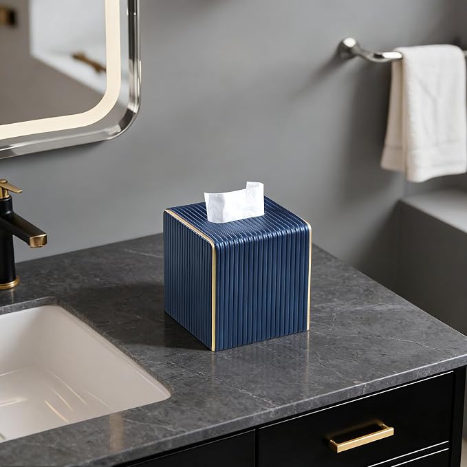 Square Tissue Box Cover, PU Leather Tissue Box Holder Navy Blue | Non Slip Base, with Magnetic Closure, Cube Tissue Cover for Living Room Bathroom Vanity Nightstand Bedroom