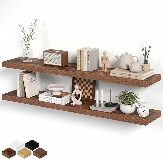 Fun Memories 55 Inch Long Floating Shelves for Wall, 8" Deep Floating Shelves for Bathroom Living Room Bedroom, Rustic Wall Mounted Shelf with Invisible Heavy-Duty Bracket, Set of 2, Rustic Brown