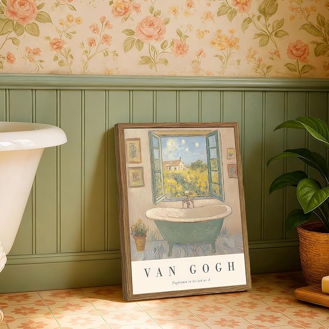 Vintage Van Gogh Bathroom Wall Art Cute Impressionist Bathtub Wall Decor Picture Rustic Farmhouse Bathroom Canvas Painting Print 24x16 inch Wood Framed
