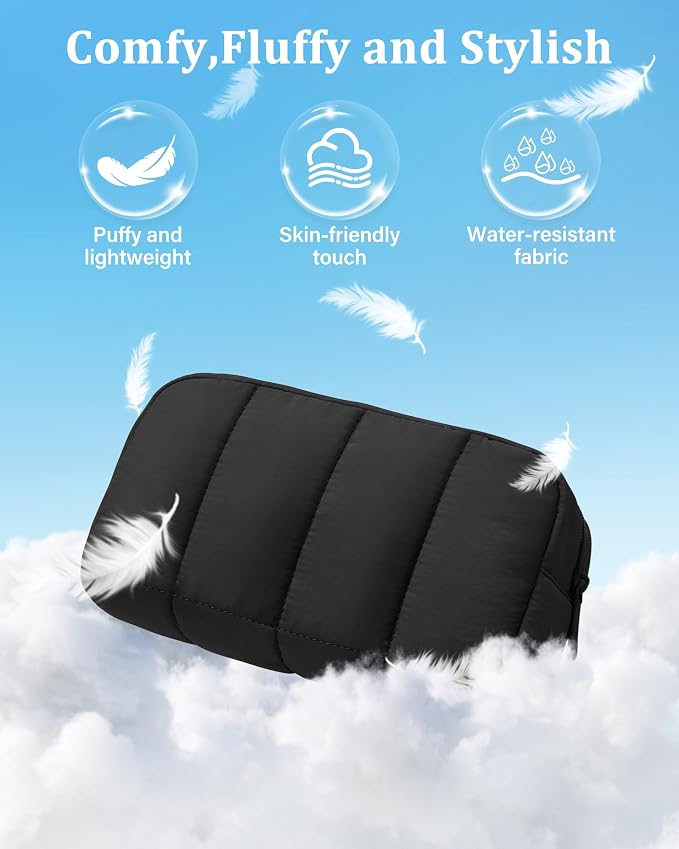 2 Pcs Makeup Bag Travel Toiletry Bag for Women Puffy Padded Cosmetic Pouch Purse Wide-open Makeup Organizer Case Travel Essentials