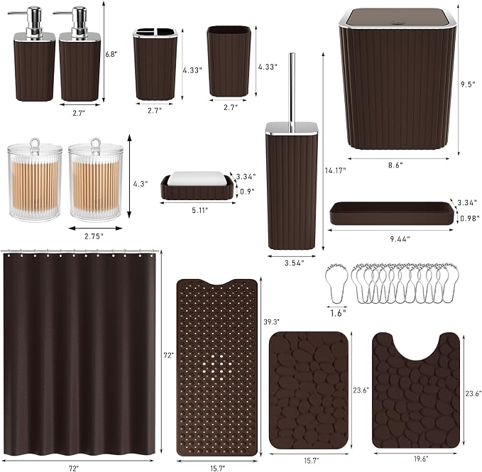 XLHOMO 26PC Bathroom Accessories Set - Gorgeous Brown Bathroom Set, Bathroom Accessory Set, Shower Curtain Set with Bathtub Mats for Shower Tub, Trash Can & Soap Dispenser