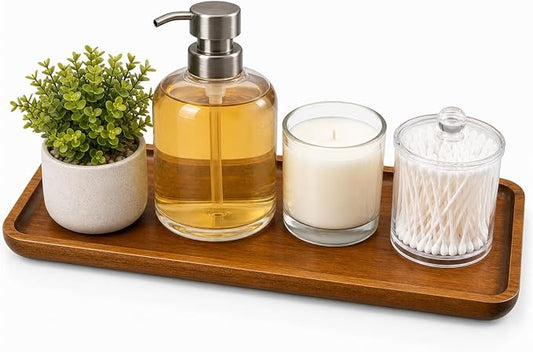 Acacia Wood Bathroom Vanity Tray, 12 Inch Wooden Decorative Tray for Toilet Tank, Coffee Table, Kitchen Counter, Makeup, Perfume, Coffee Bar, Snacks, Candles and Home Decor