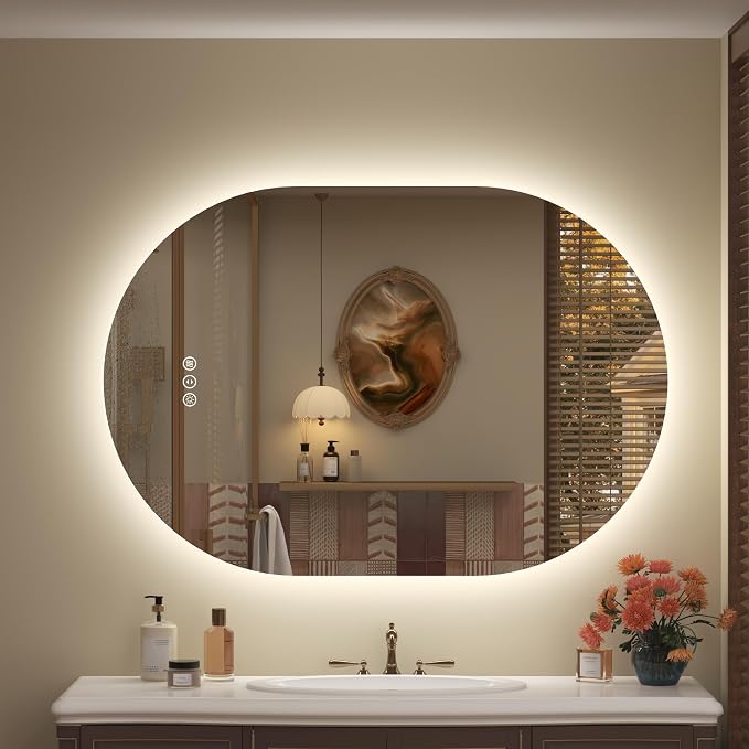 40x30 Inch Oval LED Bathroom Mirror for Wall | Dimmable Lighted Bathroom Mirror, Shatter-Proof, 3 Colors, Defogging, Pill-Shaped, Memory (Horizontal/Vertical)
