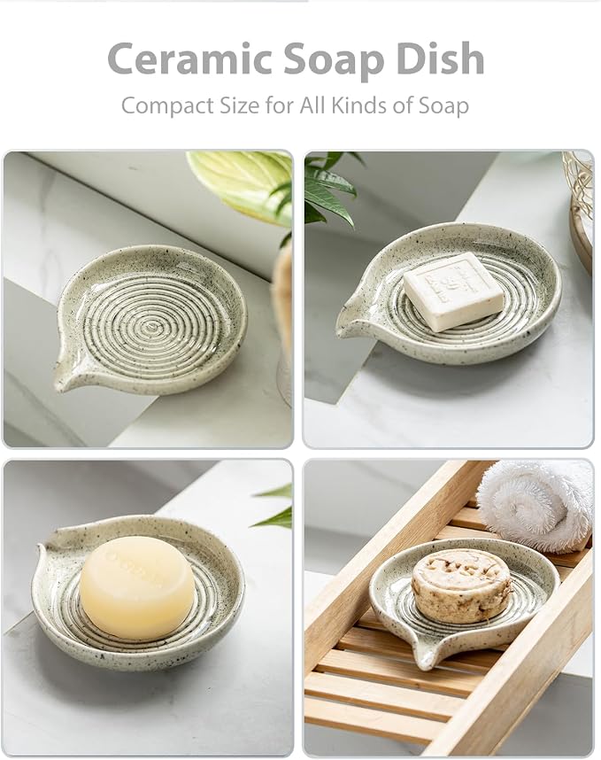 Zoeeker Self-Draining Soap Dish, Ceramic Bar Soap Holder with Drainage | Soap Tray with Waterfall Design for Shower, Bathroom and Kitchen Sink, Keep Bar Soap Dry, Brush Holder, Speckled Glaze