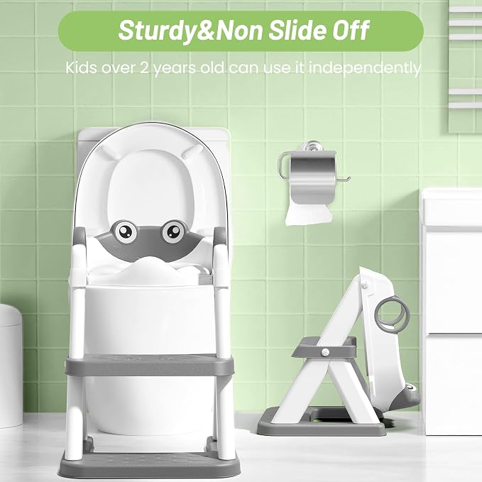 Potty Training Seat, Upgrade Toddler Toilet Seat for Kids Boys Girls, 2 in 1 Potty Training Toilet, Splash Guard Anti-Slip Pad Step Stool(Grey-Frog)
