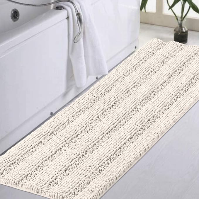 Turquoize Non Slip Shaggy Chenille Microfibers Bathroom Rug Bath Room Mat Extra Long Bath Rug 47 x 17 Kitchen Rugs and Mats, Super Water Absorbent & Soft Washable Bath Rug for Bathroom, Ivory