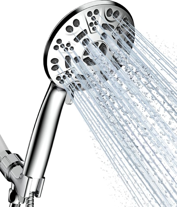 Cobbe 8-Setting Handheld Shower Head, Water-Saving Design, Chrome | Trickle Pause Mode, 5ft Stainless Steel Hose, Brass Swivel Bracket, Tool-Free Installation