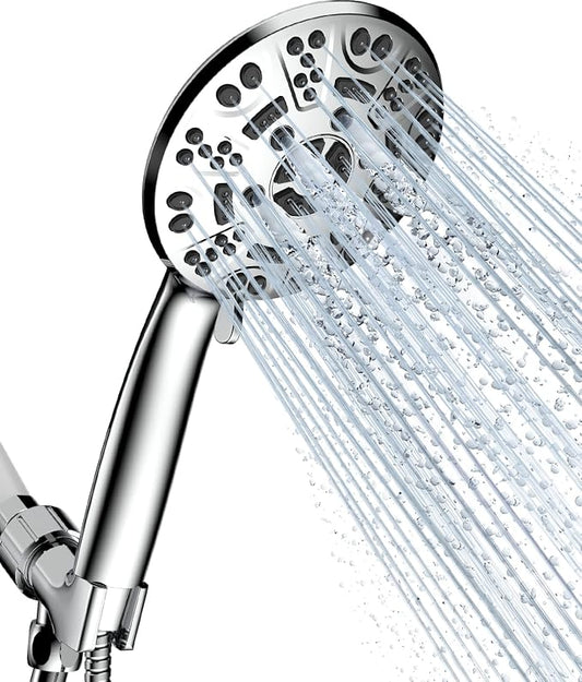 Cobbe 8-Setting Handheld Shower Head, Water-Saving Design, Chrome | Trickle Pause Mode, 5ft Stainless Steel Hose, Brass Swivel Bracket, Tool-Free Installation