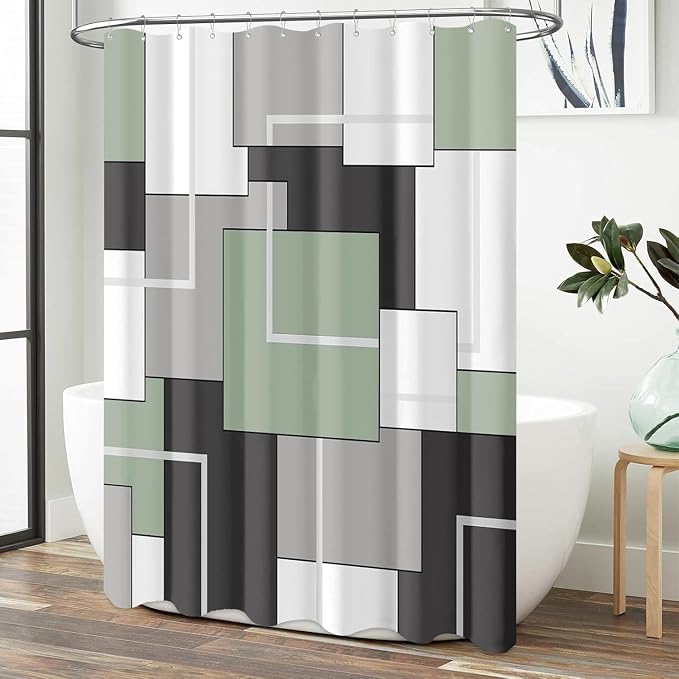60x72 Stall Geometric Waterproof Fabric Shower Curtain Set, Sage Green | Narrow Long, Premium Polyester, Weighted Hem, 10 Plastic Hook, Vibrant Color, Wrinkle-resistant, Quick-Dry, Machine Washable