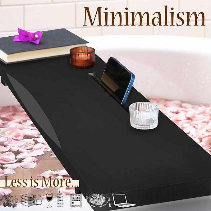 Black Bamboo Bathtub Tray Caddy with Adjustable Legs, for Standard Tub | Minimalistic Design, 29.5"L Thick Board, Fit Standard and Against Wall Bath Tubs, Bathtub Accessories, Gift Idea for Women