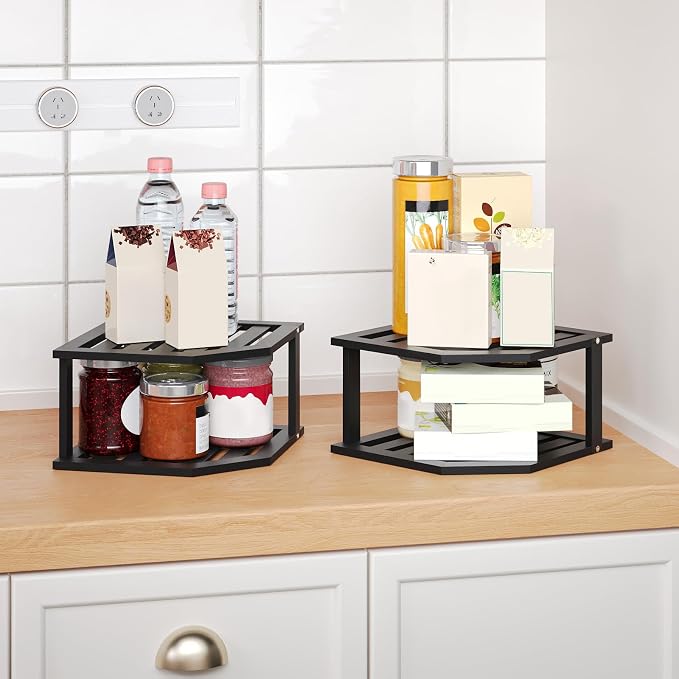 VERTORGAN 2 Tier Bamboo Dish Drying Rack,Corner Shelf 2 Pack(Black) | Pantry Storage,Dish Rack,Spice Rack,Corner Organizer,Kitchen Counter Shelves,Kitchen Storage,Holds Plates