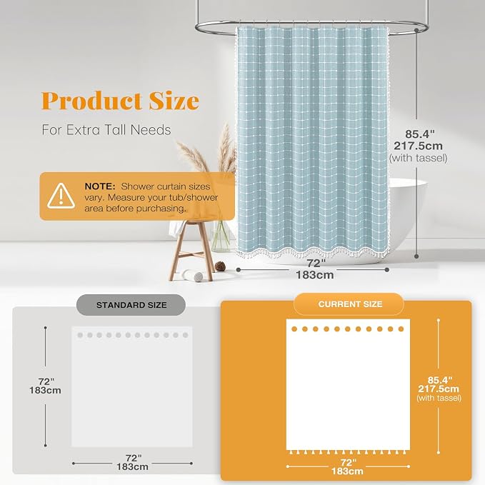 Long Boho Farmhouse Linen Heavy Duty Shower Curtain, 72x84, Fog Blue | Tall Size, 330GSM Linen Blend, 3-side Tassels, Water Repellent Fabric, 12 Plastic Hooks, Rustic Bohemian, Machine Washable