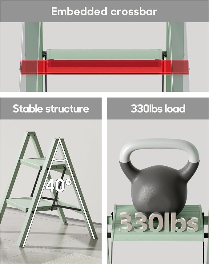HillhutApex Aluminum Step Stool Foldable,2 Step Ladder (Pale Green) | Lightweight Portable step ladder with Anti-Slip Wide Pedal,330lbs Capacity Ladder for Household,Office,Kitchen