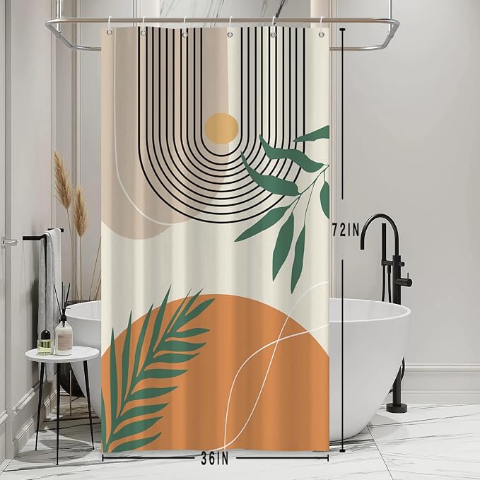 Mid Century Stall Shower Curtain with Hooks 36x72 Inch | Waterproof Small Abstract Orange and Beige Bathroom Curtain for Shower Stall, Soft, Machine Washable