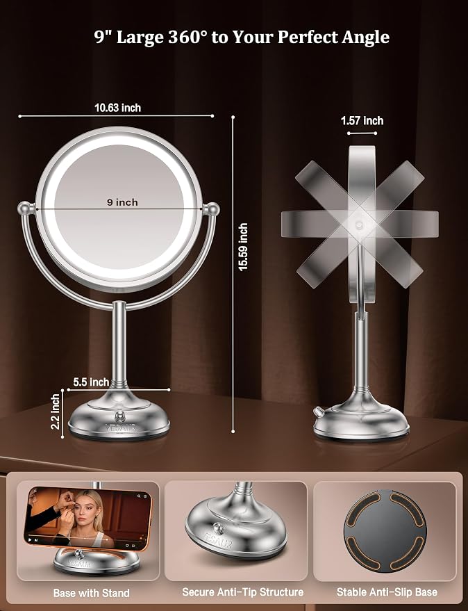 2026 Upgraded 20X lighted makeup mirror with magnification, 9" 1X10X Magnifying Mirror with 3 Color Modes & Adjustable Brightness, 5000mAh Rechargeable Vanity Mirror, 360° Swivel, Nickel, Gifts