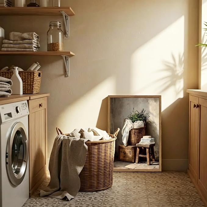 Vintage Laundry Room Wall Art Rustic Laundry Basket Bathroom Wall Decor Poster Country Farmhouse Wildflower Canvas Painting Print 12x16 inch Wood Framed