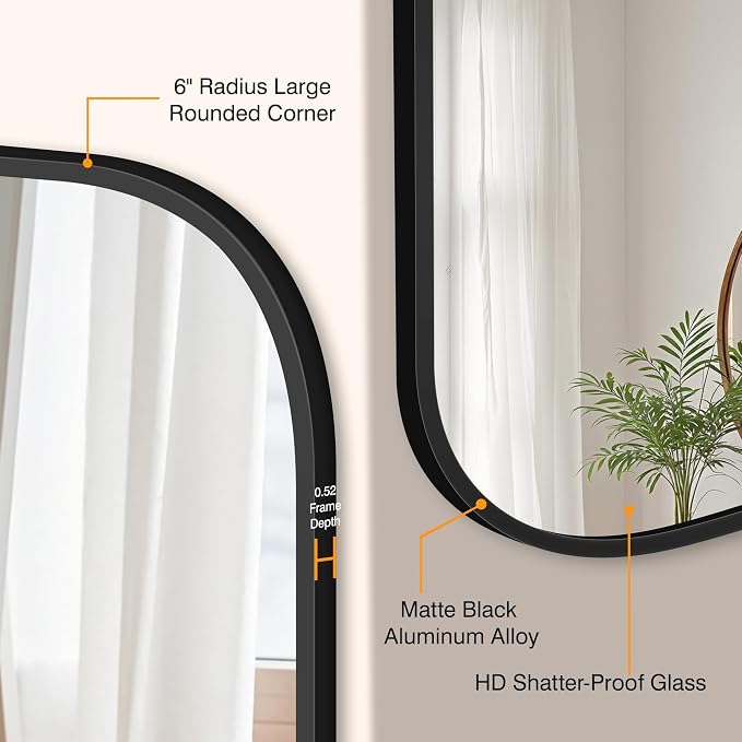 40" x 65" Bathroom Vanity Mirror for Wall, Black | Metal Framed, HD Tempered Glass, Rounded Rectangle Shape, for Over Sink, Bedroom, Entryway, Living Room, Vertical/Horizontal