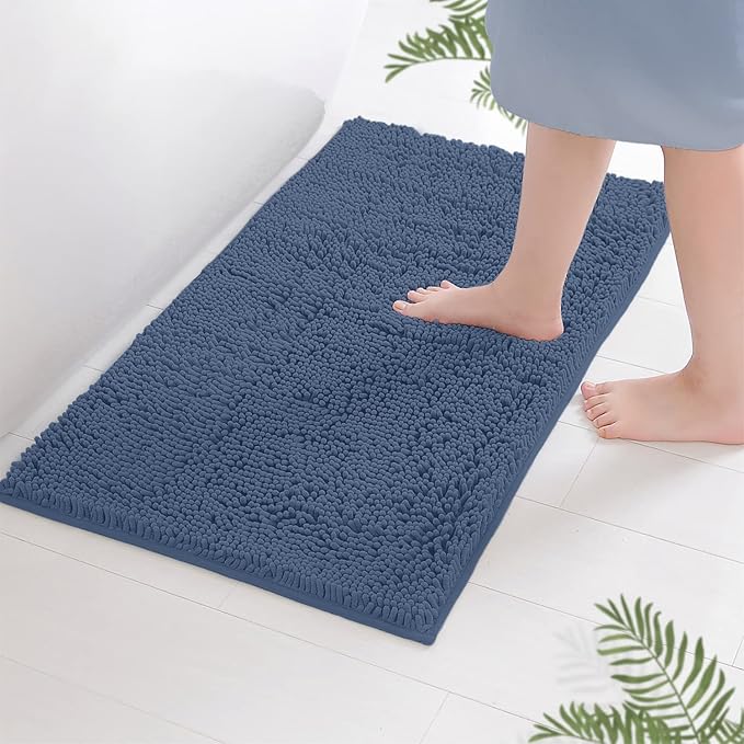LuxUrux Bath Mat, Extra-Soft Plush Non-Slip Bathroom Rug, Luxury Chenille Microfiber Material, Super Absorbent Shaggy Bath Rug. Machine Wash & Dry (17 x 24 inches, Medium Blue)