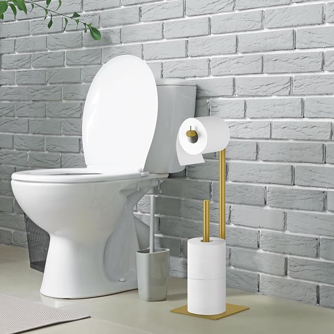 Toilet Paper Holder Stand Beige Gold Free Standing TP Holder, Metal Toilet Paper Roll Holder with Reserve Bathroom Tissue Storage Holder, Beige Gold