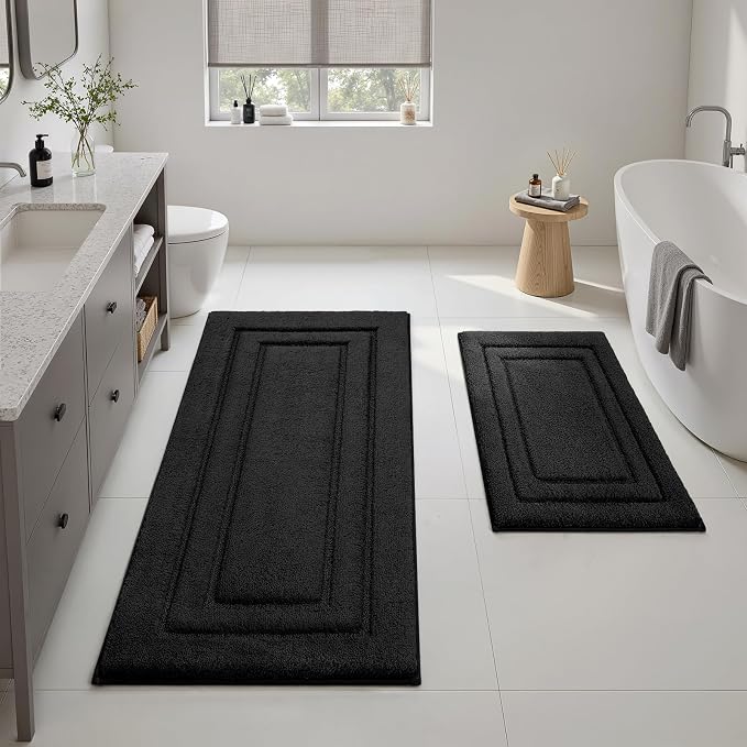 HOMEIDEAS Bathroom Rugs Sets 2 Piece, Super Soft and Absorbent Non Slip Microfiber Machine Washable Bath Mat Set (20" x 47" + 16" x 24", Black)