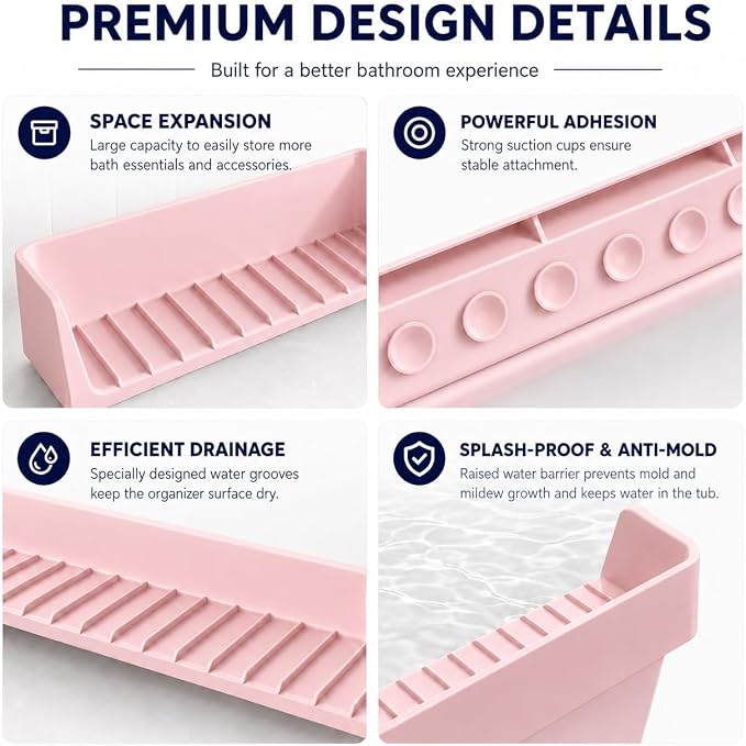 Bathtub Splash Guard for Tub Kids, Silicone Bath Toy Holder & Tub Side Tray with Suction Cups, Bath Tub Shelf for Kids, Bathtub Toy Storage, Pink